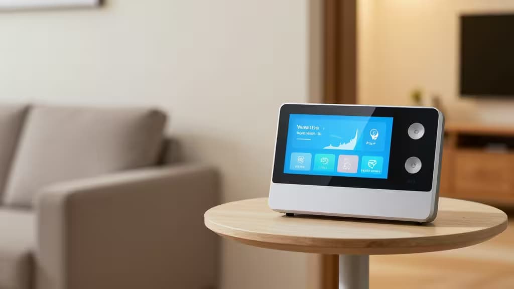 A sleek smart home control panel sits on a wooden side table in a modern living room.