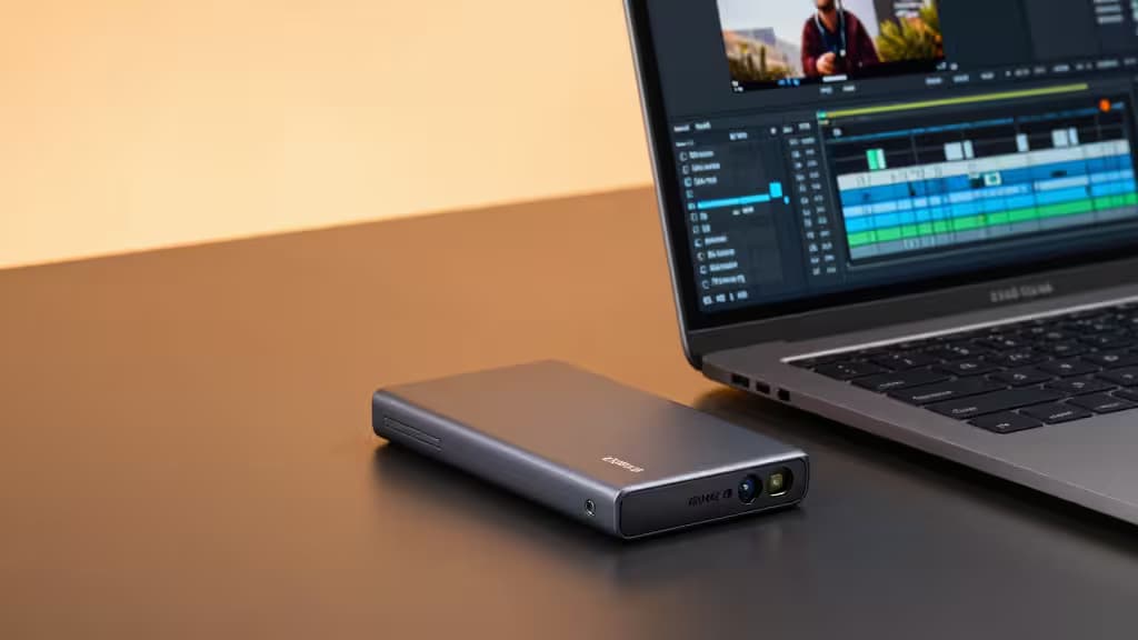 Sleek gray portable SSD rests beside an open laptop displaying a video editing timeline on a smooth, dark desk surface.