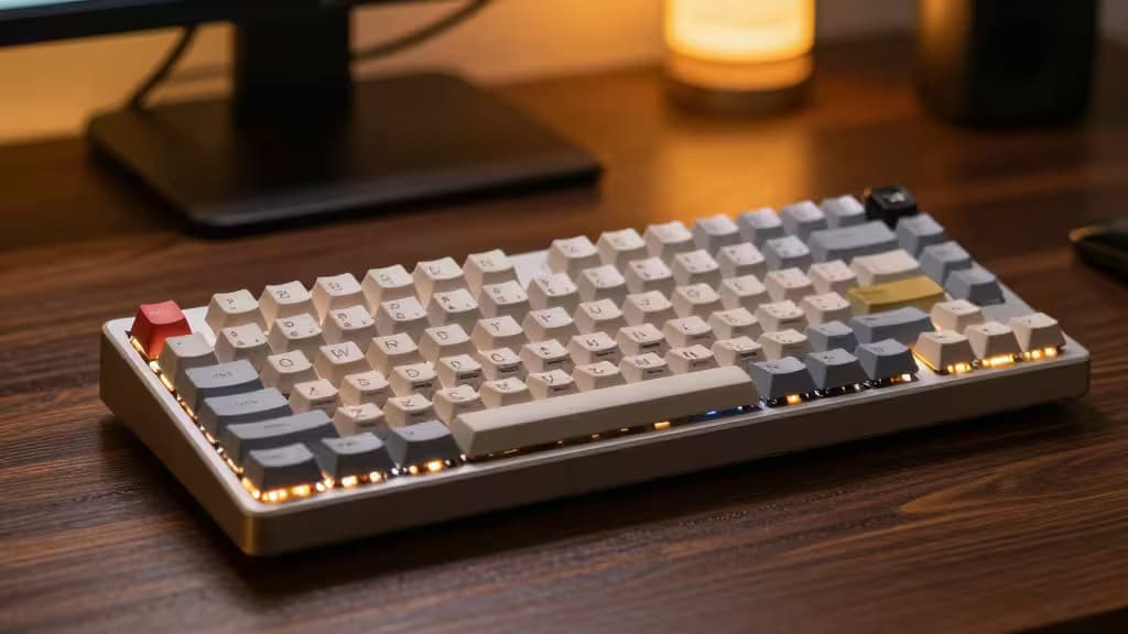 Teclado mecánico de aluminio plateado con keycaps blancas, grises y rojas sobre un escritorio de madera, iluminado con luz cálida de fondo.