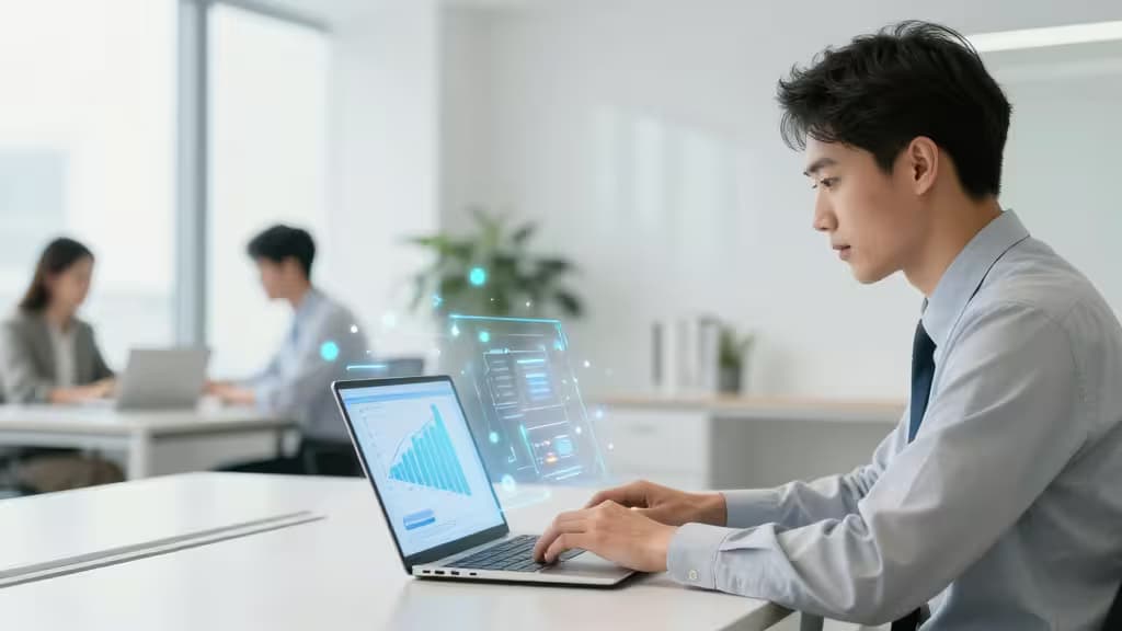 Een medewerker werkt gefocust achter een laptop met AI-interface-elementen in een modern Nederlands kantoor.