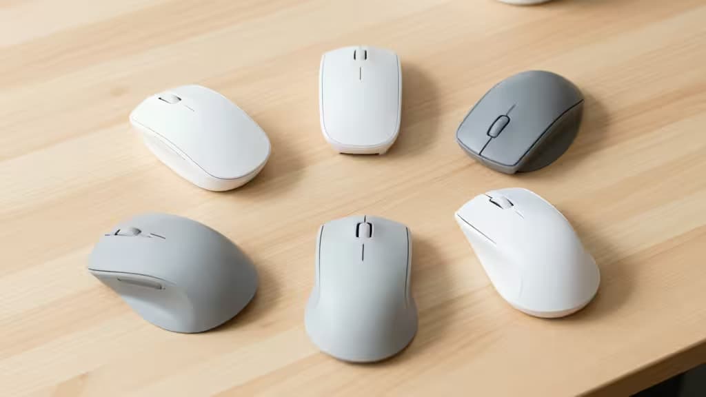 Six ergonomic mice in white and gray rest on a light wood desk.