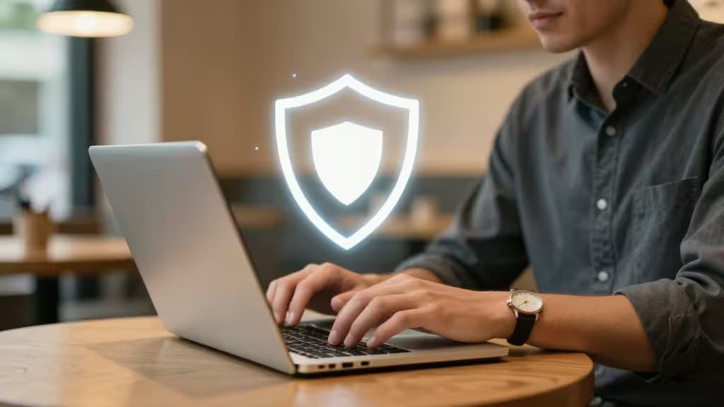 Freelancer types on silver laptop, glowing shield icon hovers above, symbolizing secure VPN connection.