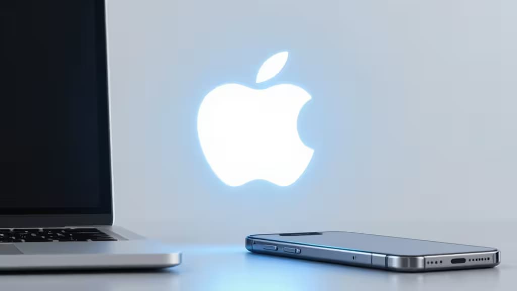 Abstract illustration of a glowing keychain icon floating above a laptop and smartphone in cool blue tones