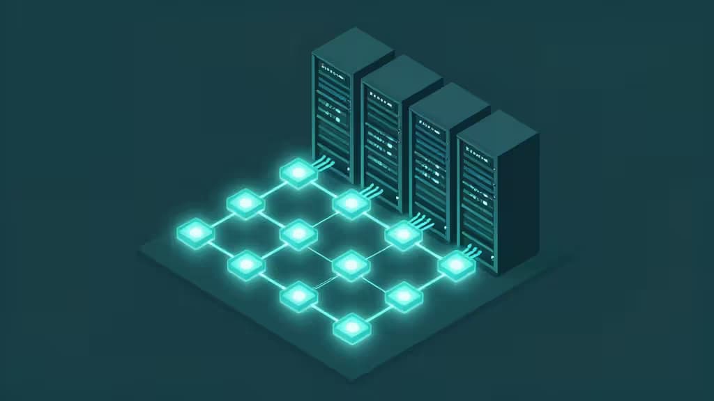Glowing cyan workflow nodes connect to dark server racks on a teal isometric platform.