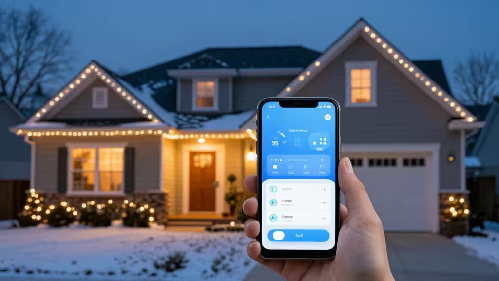 A suburban house at dusk with warm holiday string lights glowing along the roofline and bushes, a smartphone in the foreground showing a smart home app controlling the lights.