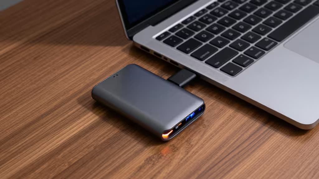 Sleek gray crypto wallet connected to MacBook on wooden desk, glowing blue ports.