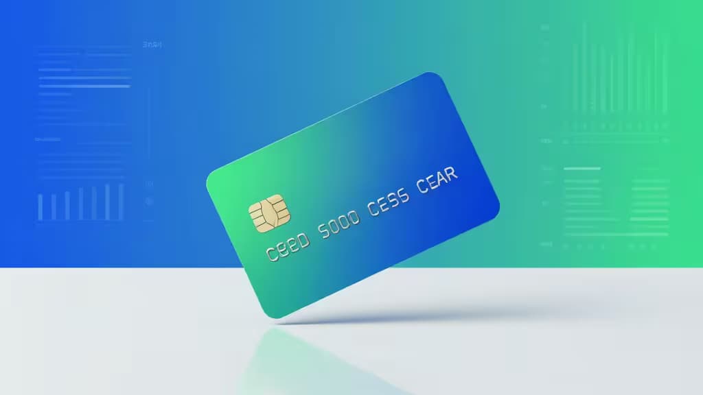 Cartão de crédito virtual com gradiente azul-verde flutua sobre uma superfície branca, com chip dourado e painel de dados digital ao fundo.