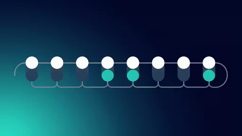 Eight white toggle switches on a teal-to-blue gradient background, representing CI/CD pipeline stages with active flags.