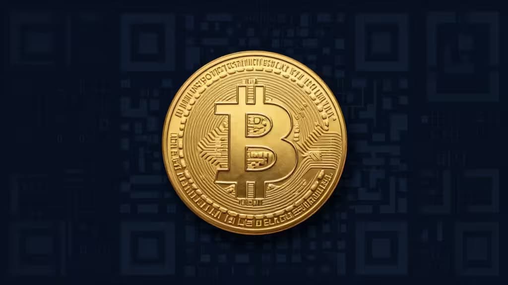 Goldene Bitcoin-Münze mit gravierten Inscriptions und kryptografischen Mustern auf dunklem Hintergrund