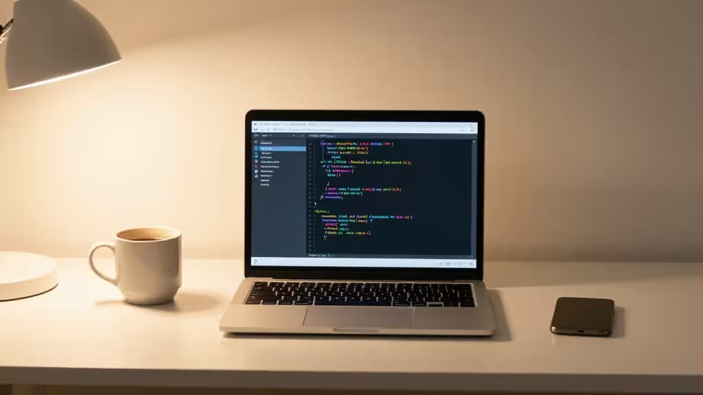Scrivania minimalista con laptop che mostra codice AI, tazza di caffè e smartphone, illuminata da luce calda.