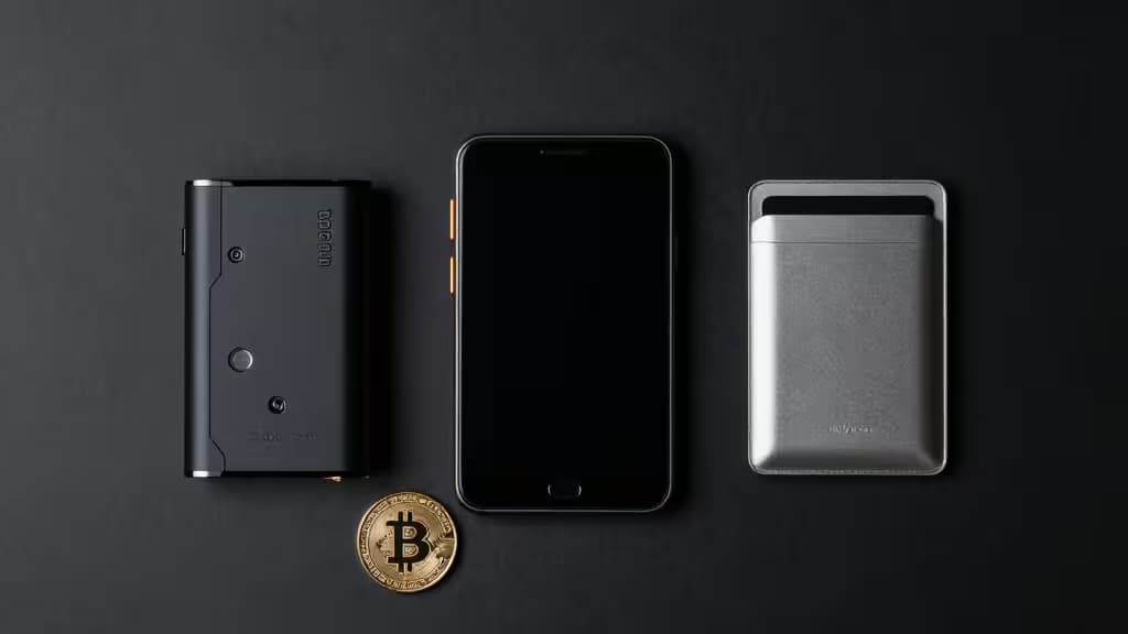 Black Ledger Nano X, iPhone, and silver wallet flank a physical Bitcoin coin on dark surface.