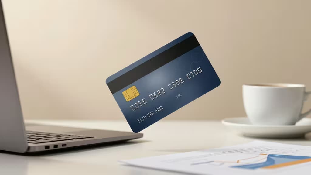 Una carta di credito business blu fluttua sopra un laptop e documenti, simbolo di finanziamento aziendale moderno per nuovi imprenditori nel 2026.