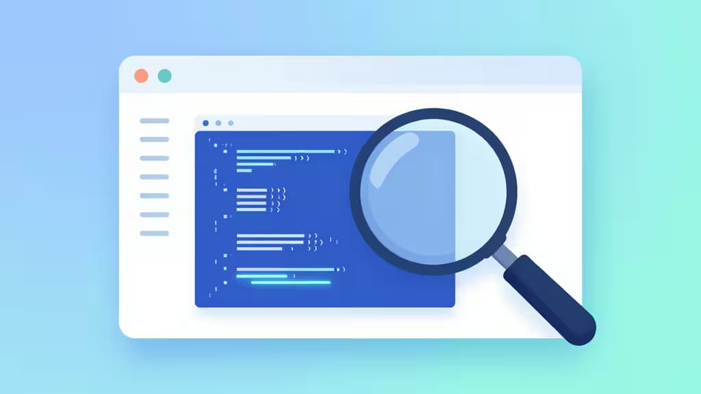A magnifying glass inspects blue code lines within a white browser window against a soft gradient background.