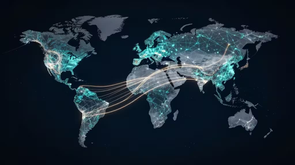 Flussi di dati luminosi collegano i continenti su una mappa digitale del mondo, simboleggiando l'accesso VPN globale agli strumenti AI.