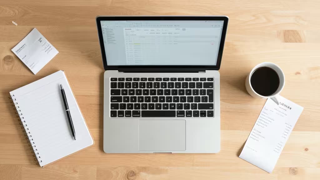 Laptop displays expense tracker, flanked by notebook, pen, coffee, and receipts on wooden desk.