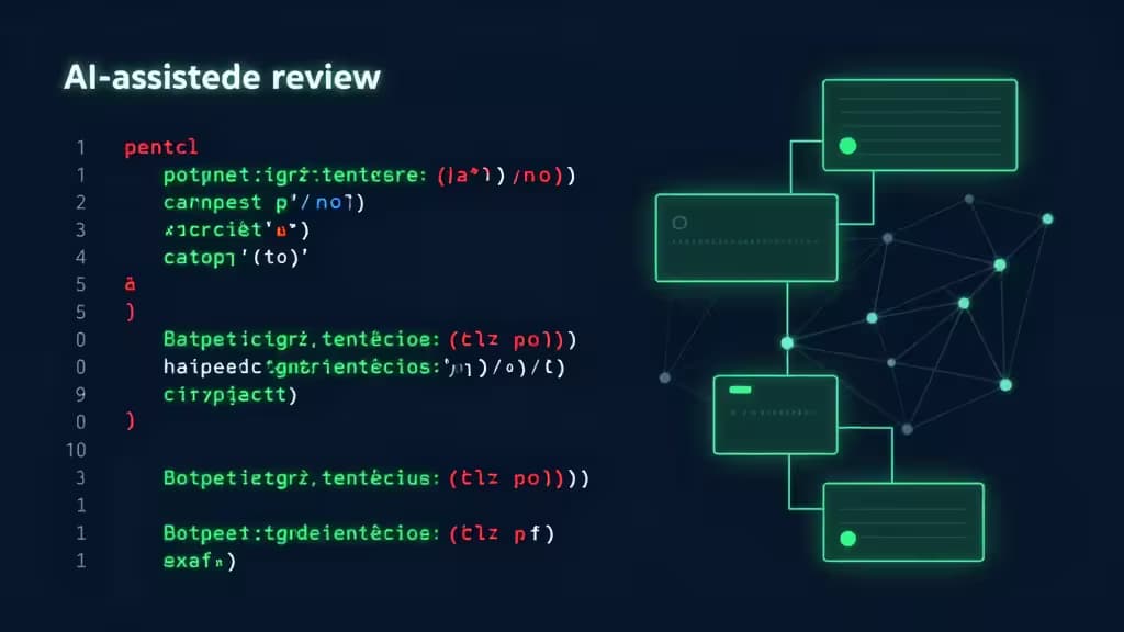Glowing green code lines and neural network nodes illustrate AI-assisted pull request reviews on a dark background.