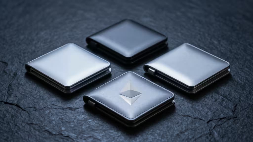 Four sleek metal and leather crypto wallets arranged on dark stone, one featuring Ethereum logo.