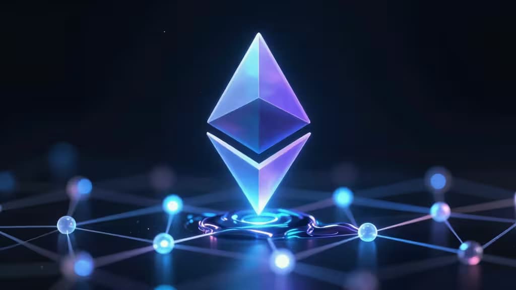 Représentation abstraite du liquid staking Ethereum : logo Ethereum lumineux flottant au-dessus d'un réseau de nœuds interconnectés avec des flux liquides symbolisant la liquidité du staking.