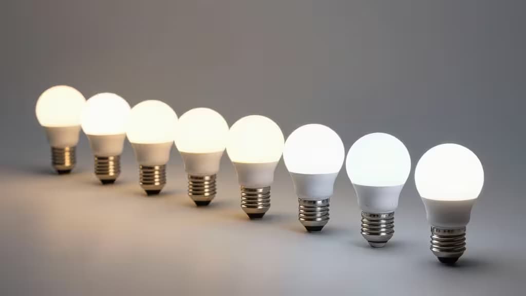 Fila di lampadine LED smart che brillano in tonalità di bianco caldo e freddo su una superficie minimalista, guida all'illuminazione smart economica.