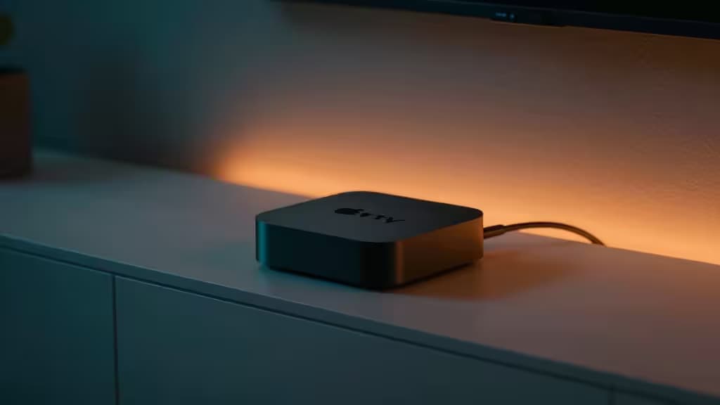 A sleek streaming device on a minimalist media console with soft ambient lighting in a modern living room.