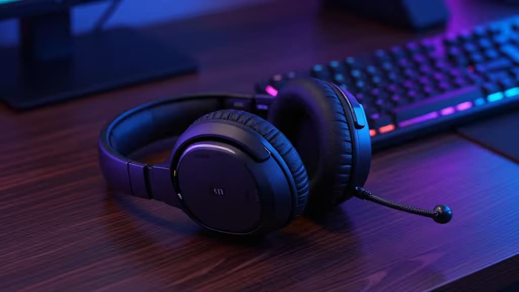 Black wired gaming headset with flexible mic rests on wood desk beside RGB keyboard.