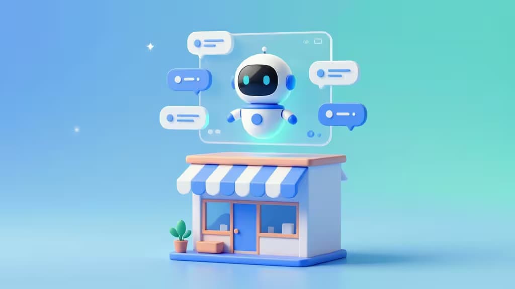 Un robot chatbot 3D brillante flota sobre una pequeña tienda, rodeado de burbujas de chat en un fondo de degradado azul suave.