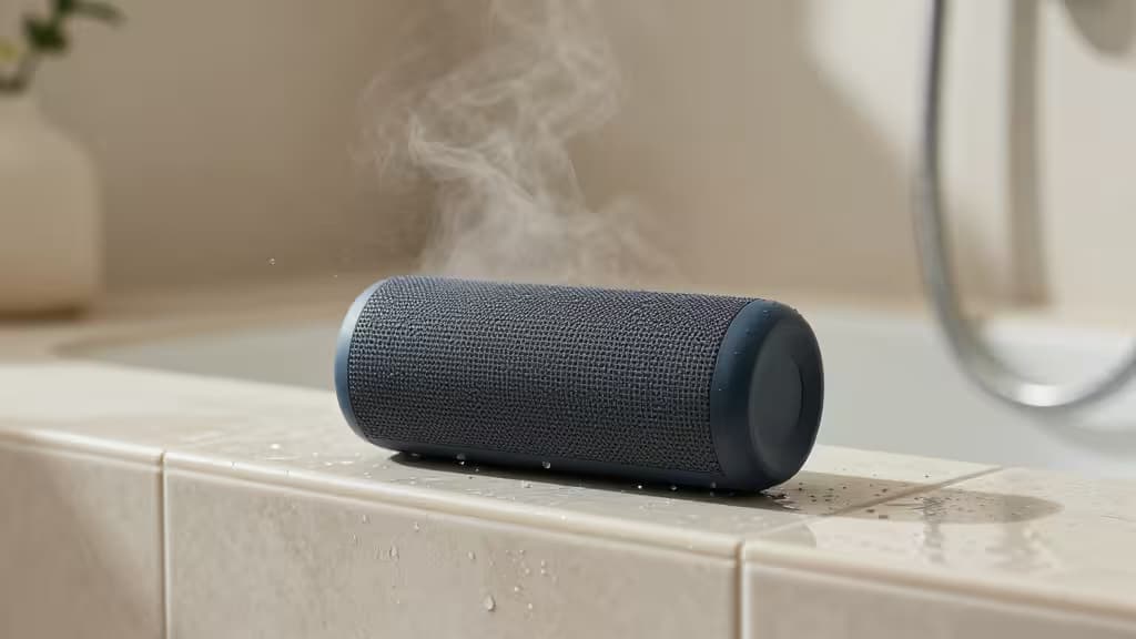 Enceinte Bluetooth compacte et étanche posée sur un rebord de carrelage mouillé près d'une douche, avec gouttelettes d'eau et vapeur en arrière-plan.