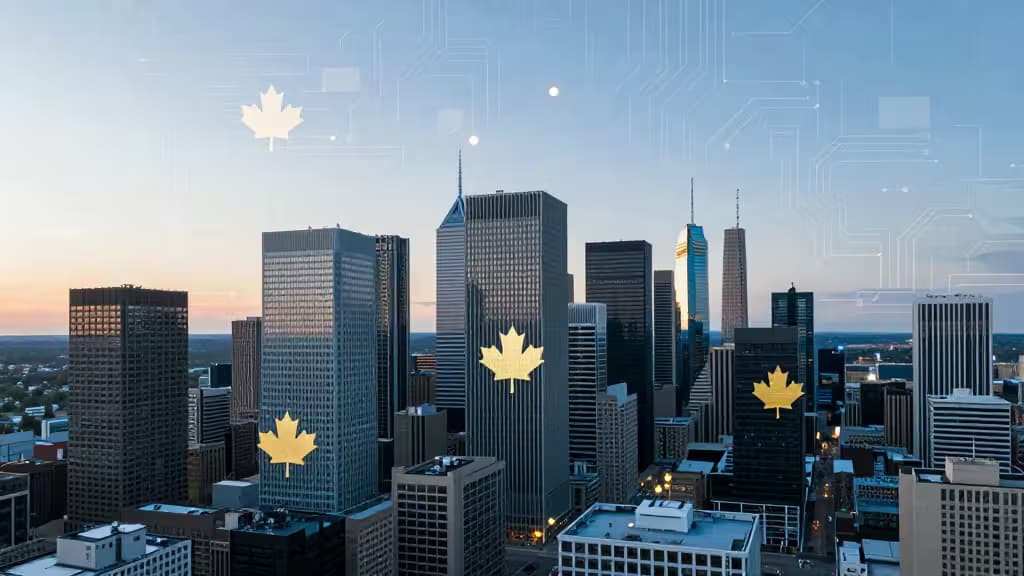 Abstract Canadian cityscape at dawn with cryptocurrency circuit-board motifs in cool blue and gold tones