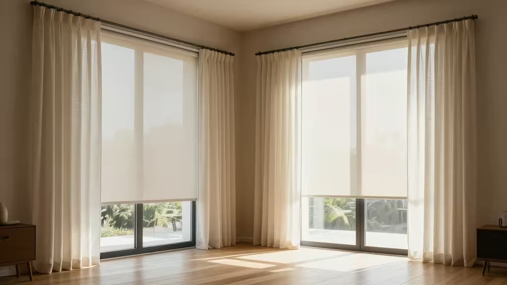 Motorized sheer curtains frame sunlit windows in a minimalist Scandinavian room with warm wood floors and soft morning light.