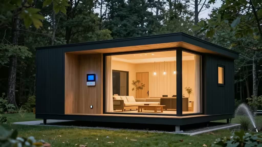A sleek black cabin features a glowing smart panel, large glass windows revealing warm interior lighting, and an active sprinkler system on the grassy lawn.
