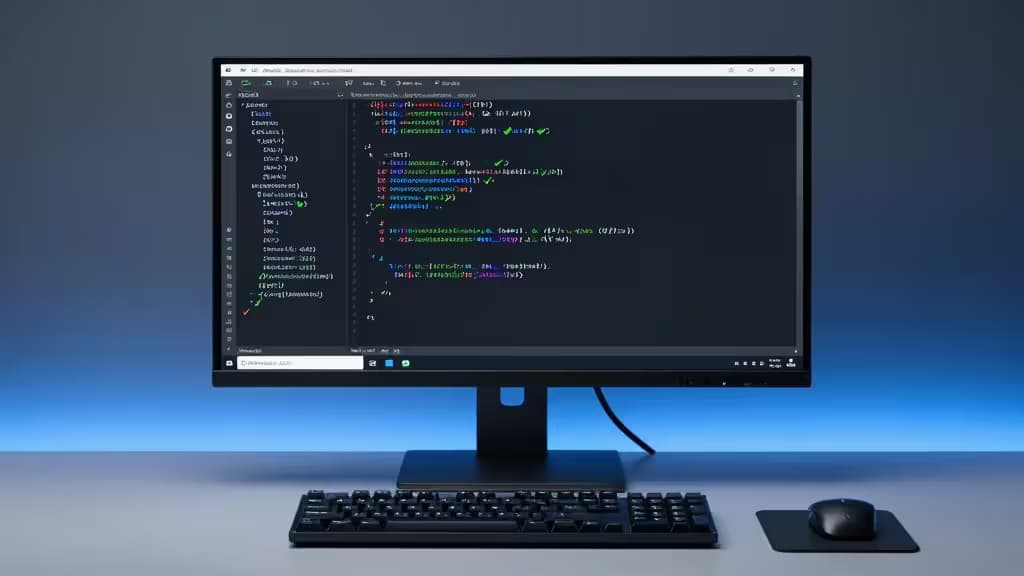 Ein Monitor zeigt Go-Code mit statischen Analyse-Annotationen, flankiert von Tastatur und Maus in einem modernen Developer-Setup