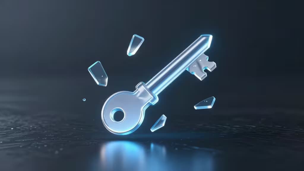 A glowing blue key shatters into fragments, symbolizing threshold cryptography splitting keys across devices for secure self-custody in 2026.