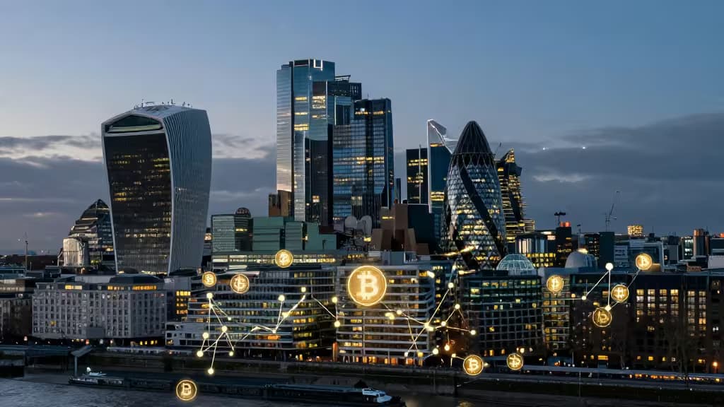 Светящиеся символы Bitcoin и сети блокчейн поверх финансового небосклоба Лондона в сумерках.