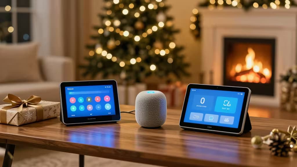 Smart home-gadgets op een houten tafel naast kerstboom en open haard.
