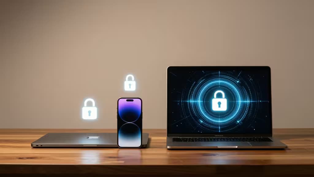 A laptop, smartphone, and tablet display glowing padlock icons on a wooden desk, symbolizing secure password management across Apple devices.