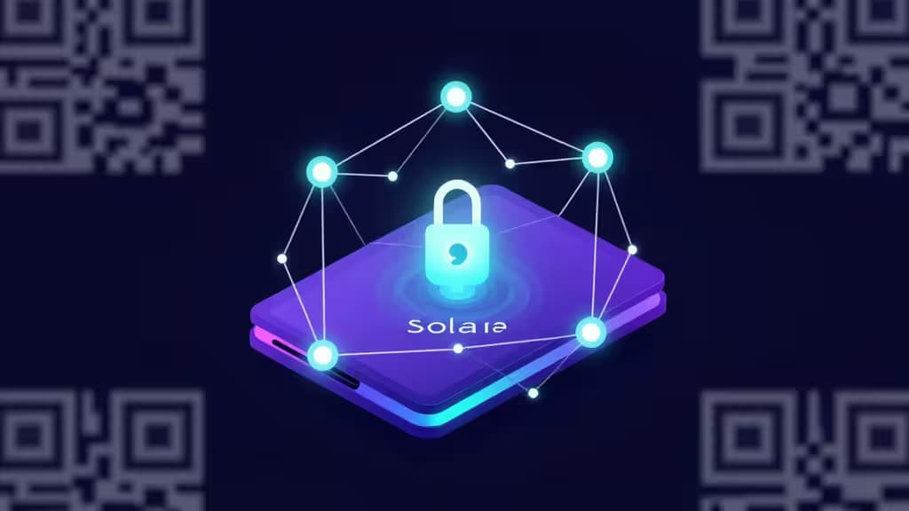 Abstracte weergave van een veilige crypto hardware wallet met gloeiende Solana-blockchainnetwerkverbindingen in donkerblauwe en paarse tinten