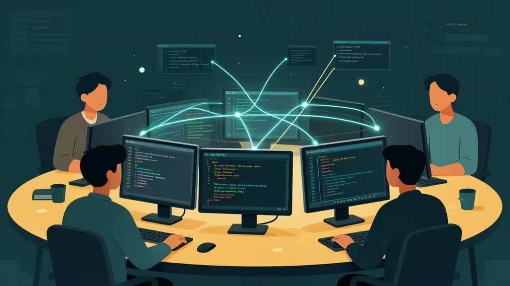 Ilustración abstracta de un equipo de desarrollo revisando código en múltiples monitores con líneas de análisis IA conectando fragmentos de código, paleta teal oscuro y ámbar