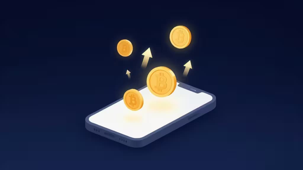 Moderne smartphone met oplichtende gouden munten en opwaartse pijlen op een donkerblauwe achtergrond, als symbool voor een crypto-on-ramp voor beginners.