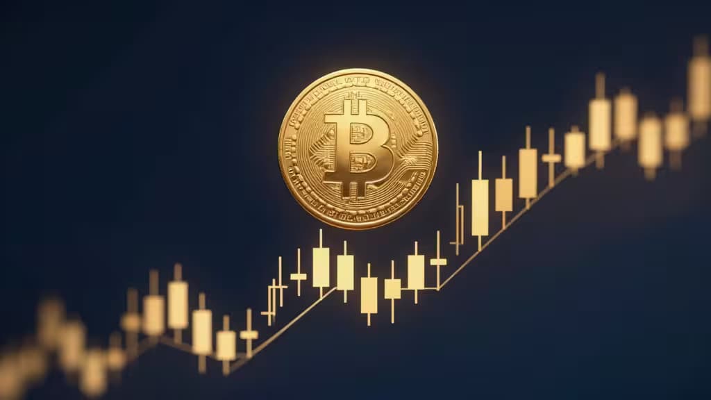 Una moneda dorada de Bitcoin flota sobre un gráfico de velas alcistas con fondo azul marino.