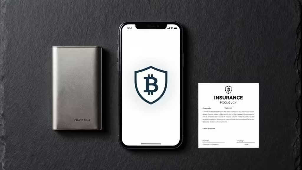 Metal Ledger, smartphone with Bitcoin shield, and insurance policy on dark slate surface.