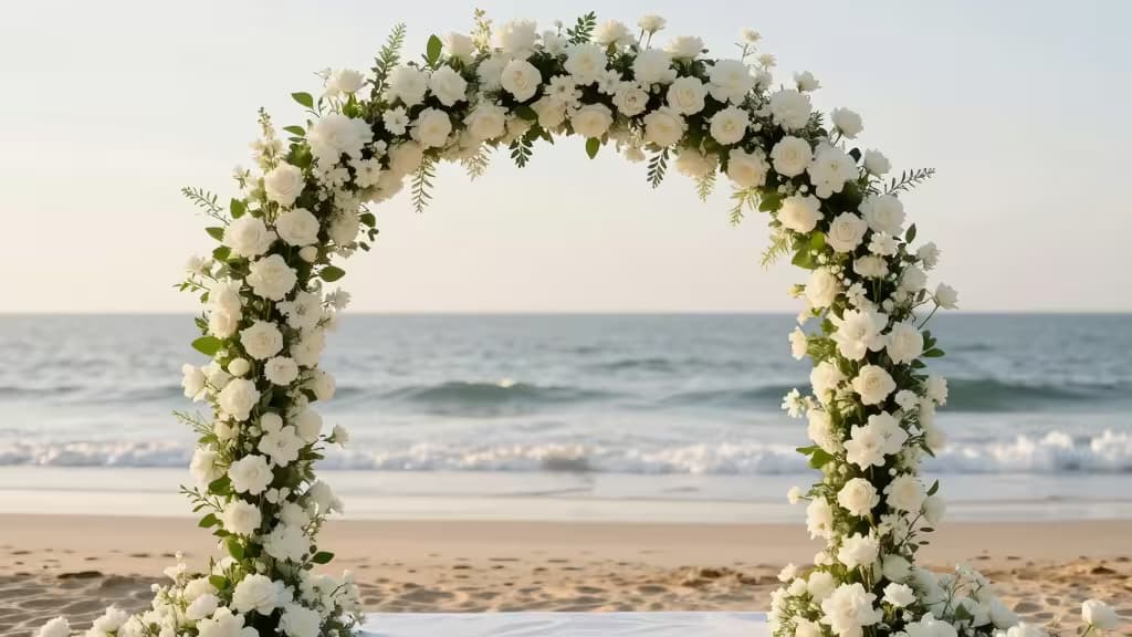 Een witte bloemenboog omlijst een sereen strandbruiloft-tafereel, symbool voor een betaalbare droombruiloft.