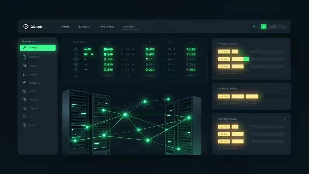 Dark UI dashboard displays glowing green server racks and network nodes, symbolizing real-time infrastructure monitoring for developers.