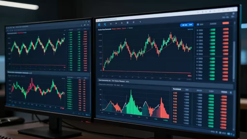 Dual monitors display real-time crypto futures charts with green/red candlesticks and order books.
