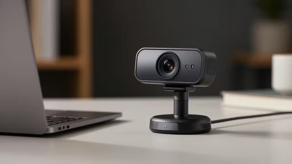 Sleek black webcam with matte finish sits on white desk beside laptop, ready for Zoom calls.