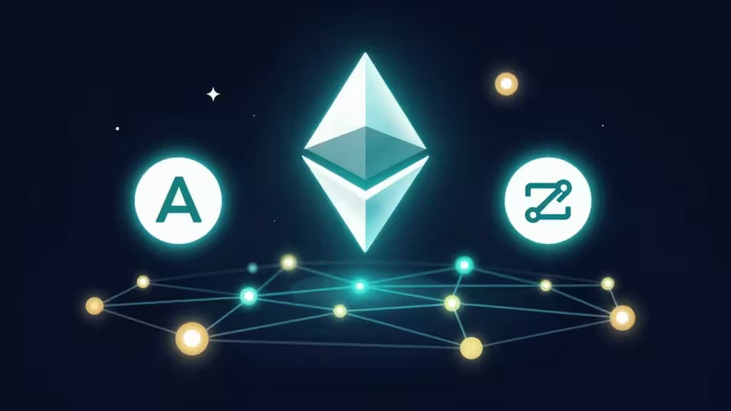 Abstrakcyjna ilustracja non-custodial stakingu kryptowalut: symbole Ethereum, Solana i Cosmos połączone siecią świecących węzłów na ciemnoniebieskim tle z akcentami teal i złota