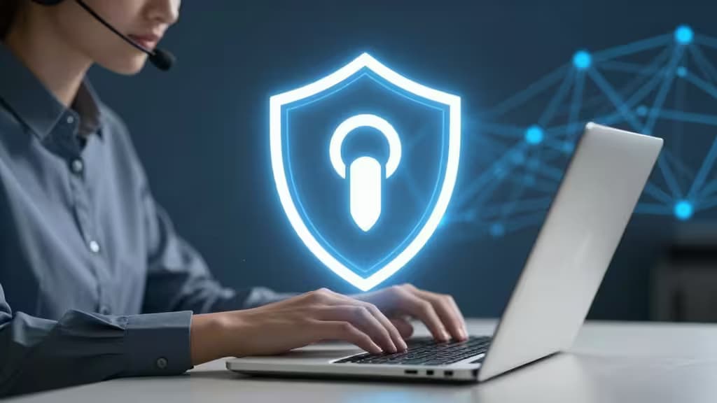 Una persona profesional en videollamada con auriculares frente a una laptop, con un escudo digital de seguridad superpuesto, fondo azul oscuro con líneas de conexión