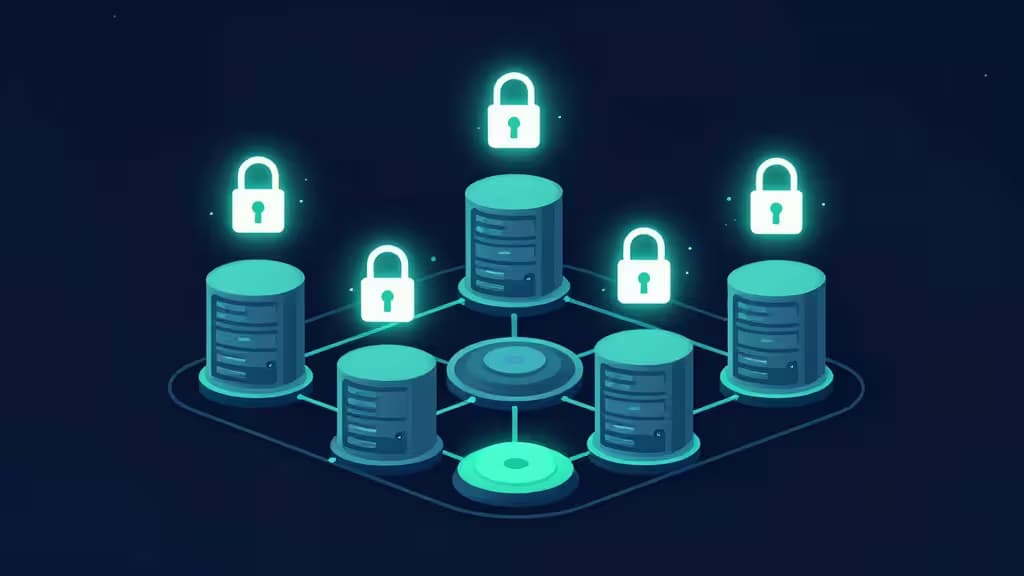 Glowing locks secure interconnected servers in a stylized Kubernetes cluster illustration.
