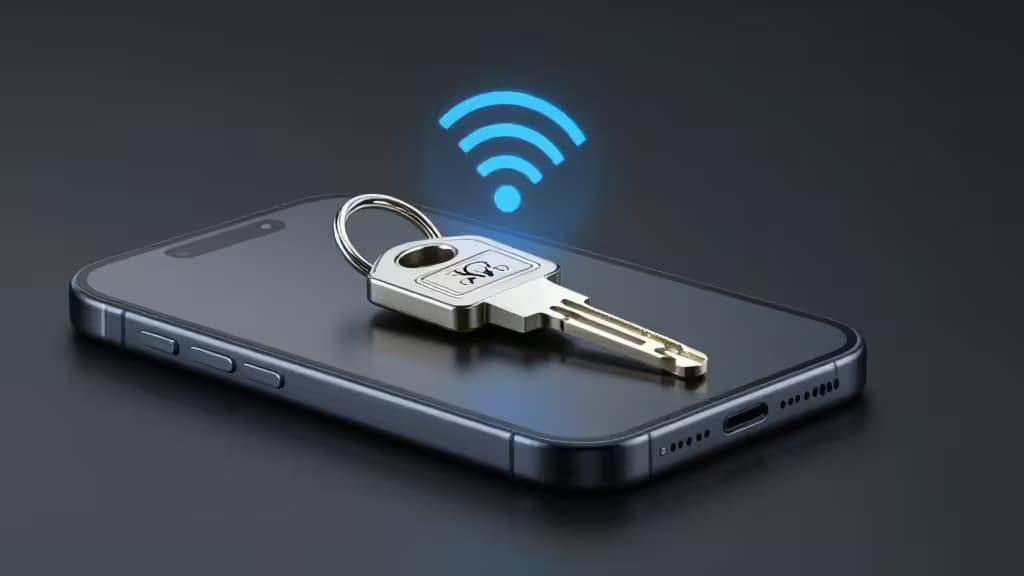 Chiave di sicurezza hardware appoggiata su un iPhone per autenticazione NFC, con illuminazione soft studio e sfondo scuro