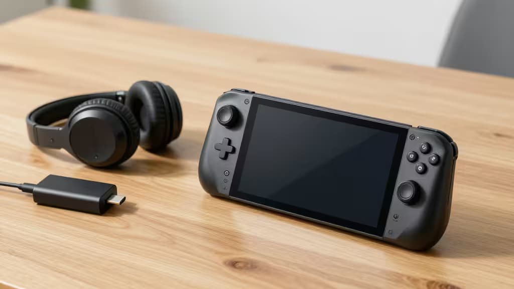 Black wireless headphones rest beside a Steam Deck on a light wood table.