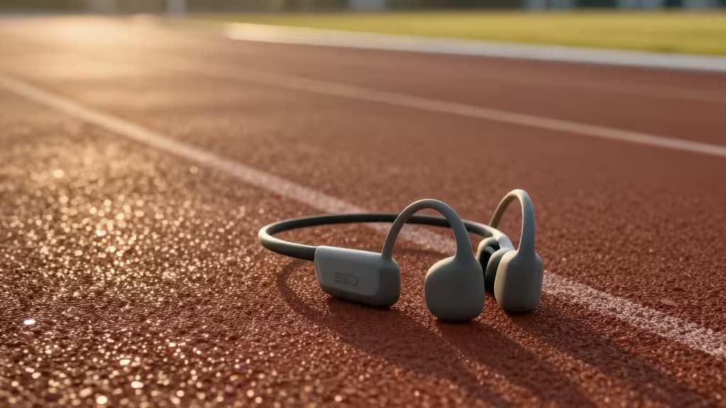 Grey bone conduction headphones rest on a red running track at dawn, their matte plastic bodies catching the soft morning light.